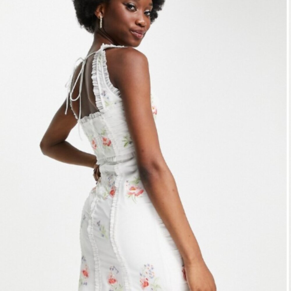 ASOS Design- ruched chiffon- size 4 with pop floral embroidered mini dress